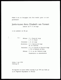 Overlijdensbericht jonkvrouwe A.E. van Foreest (1974)